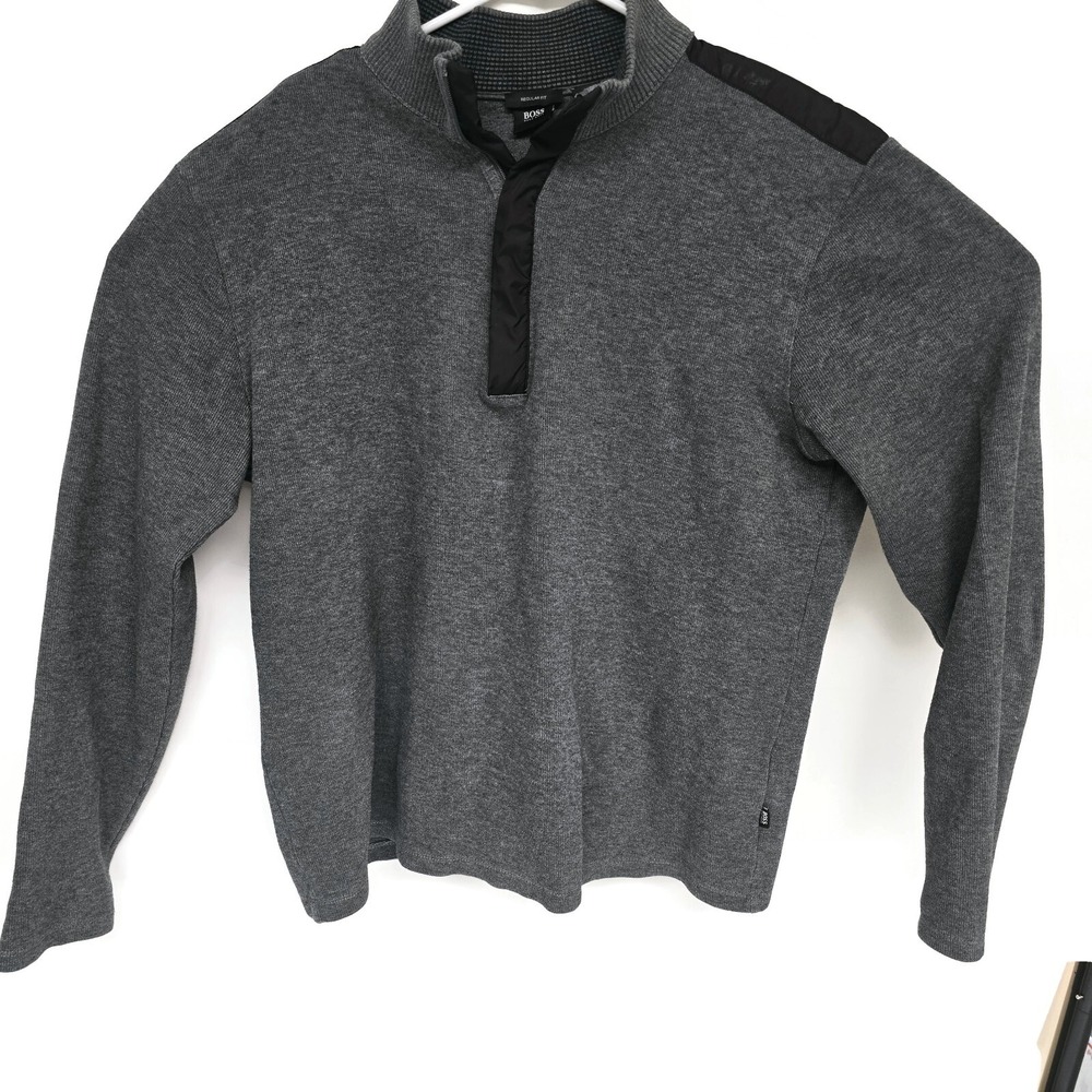 Hugo Boss Mens Quarter Zip Sweater Grey Regular Fit Mock Neck Pullover Size M